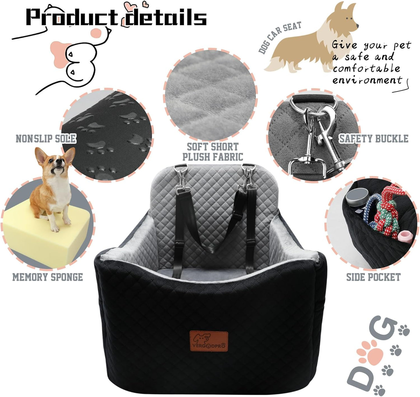 Dog Car Seats-Memory Sponge and Velvet Pet Booster Car Seat,Safety and Comfy,Ride Height 6" Elevated Enough to See Out The Window,Both Front and Back Seats Apply,Esay to Install and Clean.(H-Black)