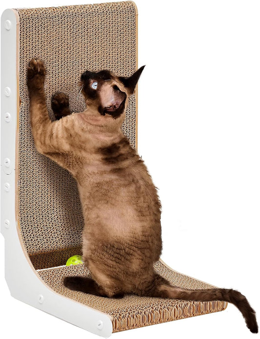 EHEYCIGA Cardboard Cat Scratcher for Indoor Kitten Cats, 19 Inch L Shaped Vertical Cat Scratching Board with Ball Cat Toy, Small Cat Scratcher Pad, White