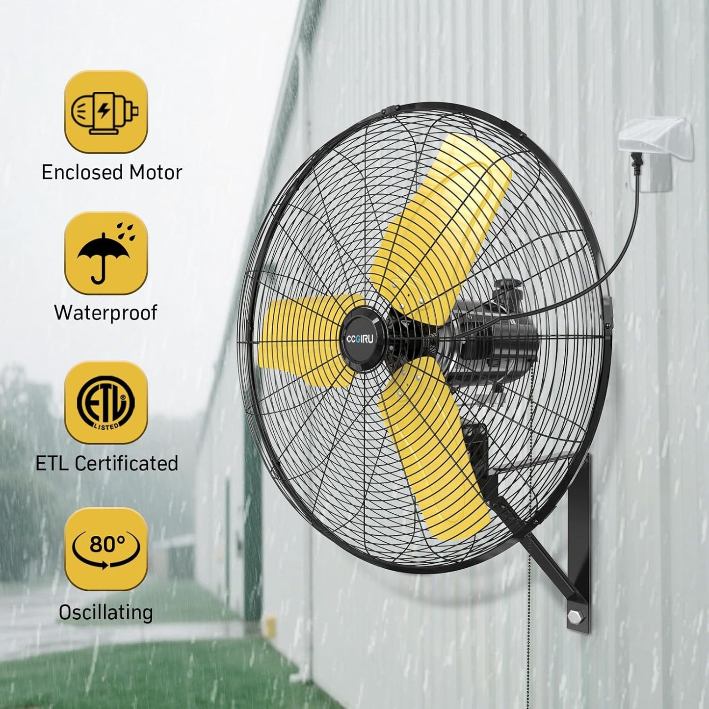 8800 CFM 24" Outdoor Commercial Wall Fan Oscillating, IP44 Waterproof Wall Mount Fan, Heavy Duty, 3 Speed, Adjustable Tilt for Factory, Warehouse, Garage, ETL Listed