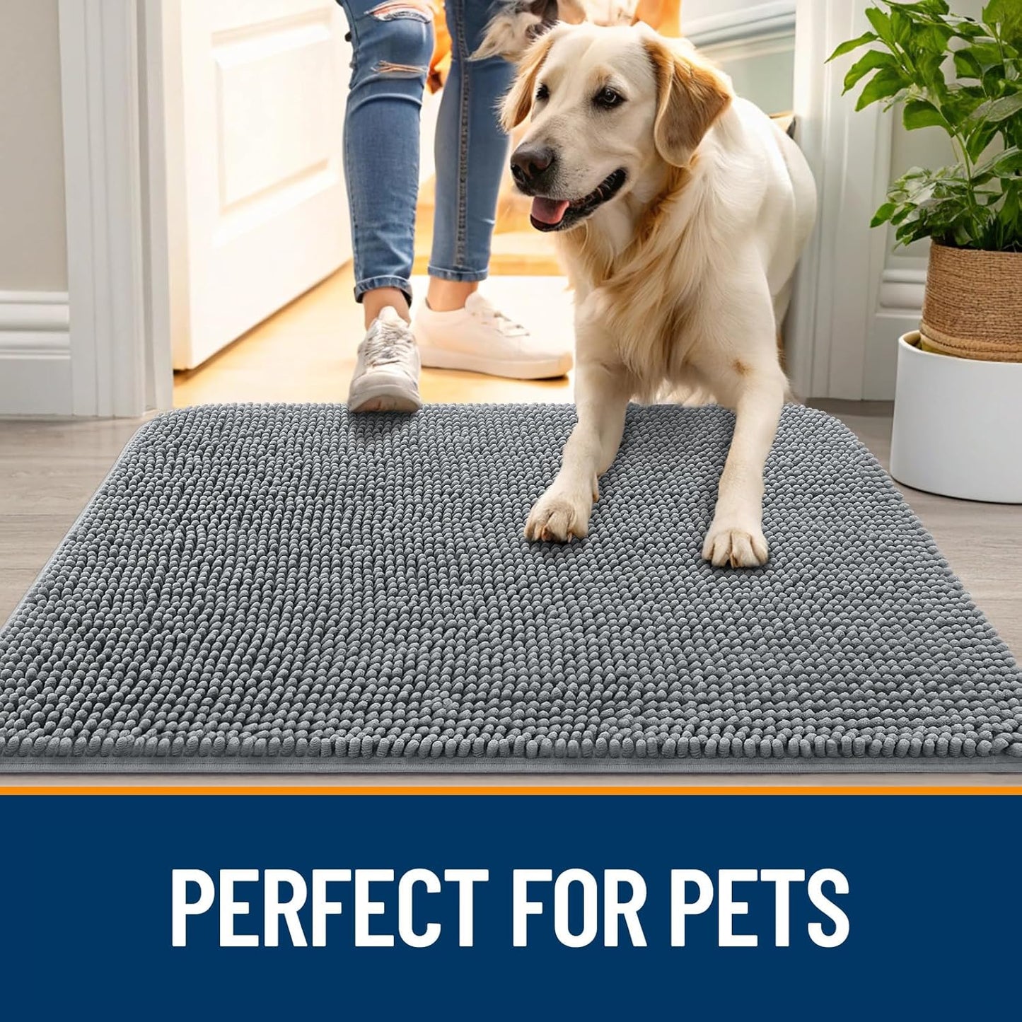 OLANLY Dog Door Mat for Muddy Paws 40x32, Absorbs Moisture and Dirt, Absorbent Non-Slip Washable Doormat, Quick Dry Chenille Mud Mat for Dogs, Entry Indoor Entryway Carpet for Inside Floor, Grey