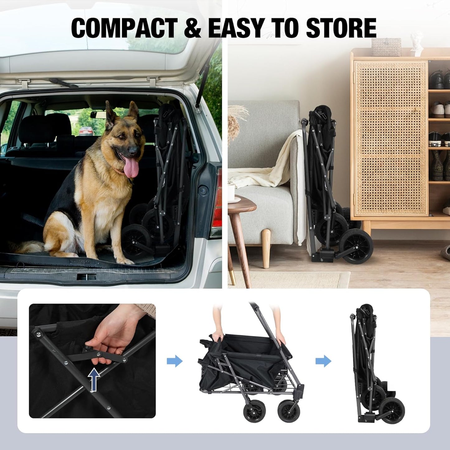 REDCAMP Folding Dog Wagon Cart with Tailgate Heavy Duty, 220L Large Collapsible Utility Cart Dog Stroller with Extendable Rear End for Sports Shopping Pet, Dark Black