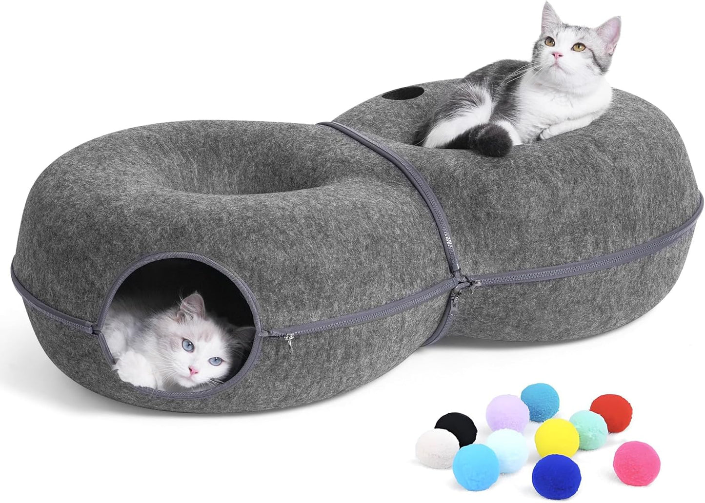 8-Shaped Large Cat Tunnel Bed for Indoor Cats, Infinite Circulation Peekaboo Cat Cave with 12 Toy Balls, Cat Donut Tunnel for Cats up to 30 Pounds (Dark Grey, L 38x24x11in)