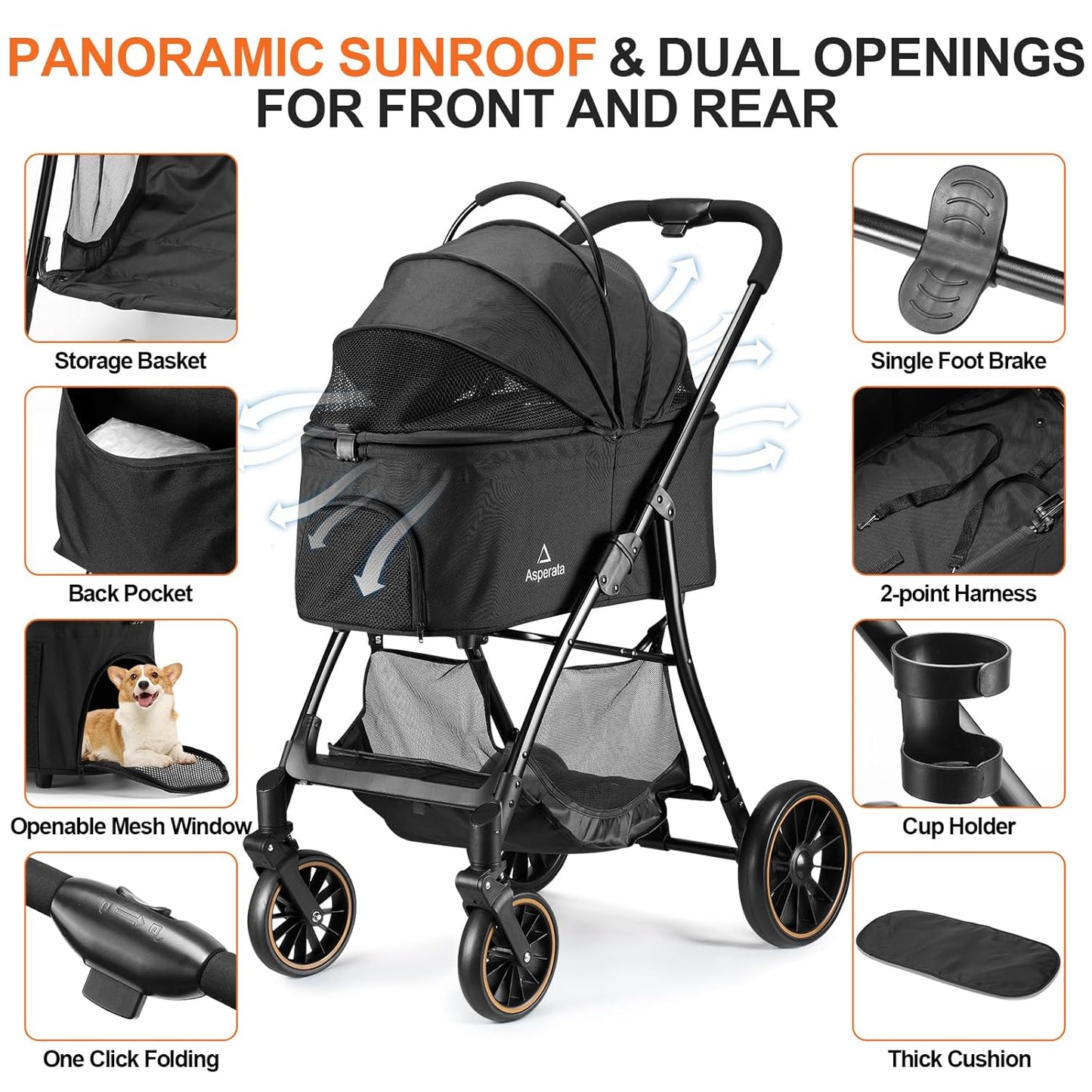 Pet Stroller for Small/Medium Dogs & Cats up to 55 lbs, Upgraded 4 Wheels Dog Stroller for Large Dogs, 3-in-1 Foldable Portable Travel Carrier for 2 Cats with Storage Basket and Cupholder