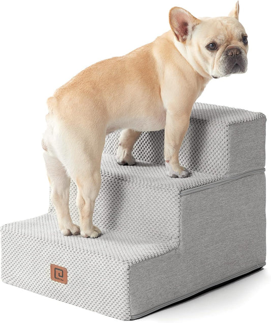 EHEYCIGA Dog Stairs for Small Dogs 13.5" H, 3-Step Dog Steps for Couch Sofa and Chair, Pet Steps for Medium Cats, Non-Slip Balanced Pet Ramp Indoor, Light Grey