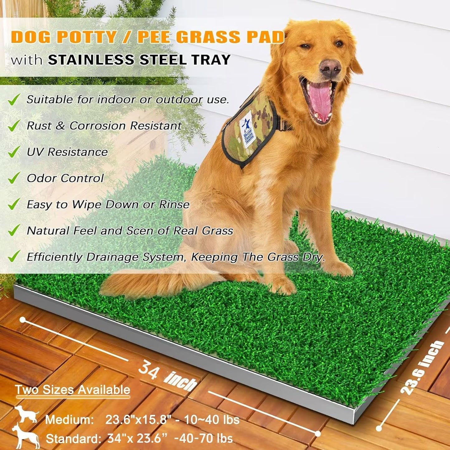 Dog Grass Pad with Tray with Stainless Steel，Reusable Large Artificial Turf Grass Potty and Puppy Pee Pads for Dogs, Portable Dog Litter Box for Indoor/Outdoor Potty Training Toilet