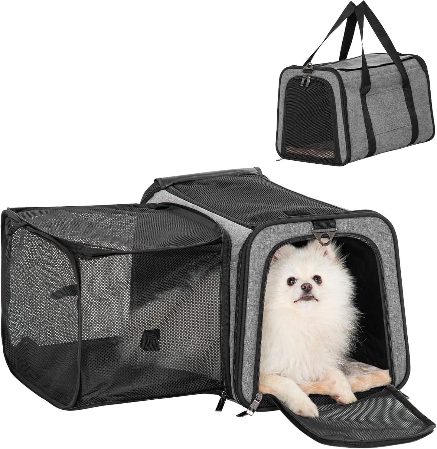 Petsfit Expandable Pet Carrier for Cat Or Puppy Up to 18 Pounds, Square Extension Add More Space, Washable Soft Pet Carrier for Home Outdoor Travel, 19"X12" X12" Gray