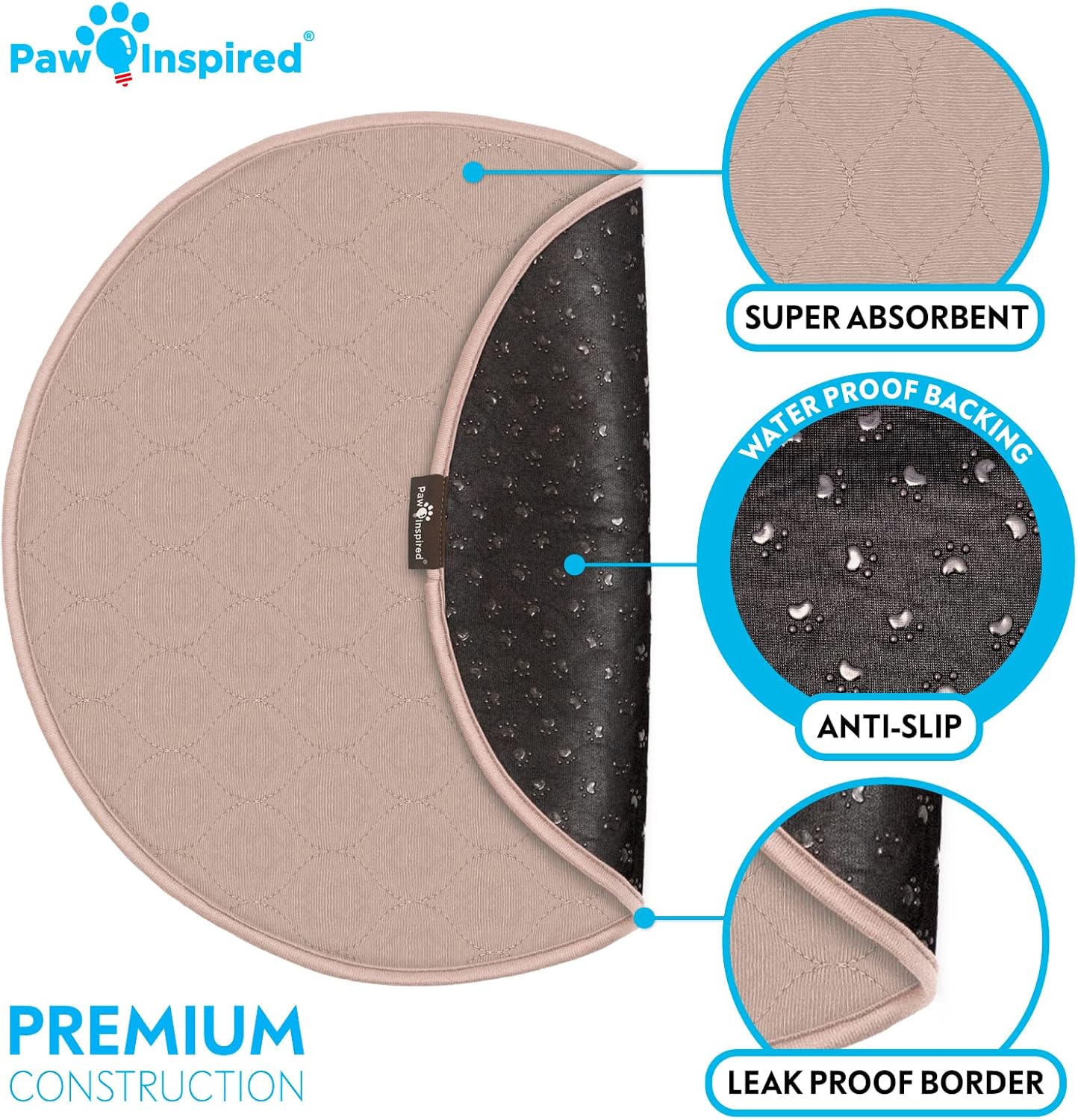 Paw Inspired Round Washable Pee Pads for Dogs (2 Pack), Reusable Puppy Pads, Waterproof Whelping Pads, Washable Training Pet Pads, Washable Potty Pads (17 inch Extra Small Size, Pack of 2)