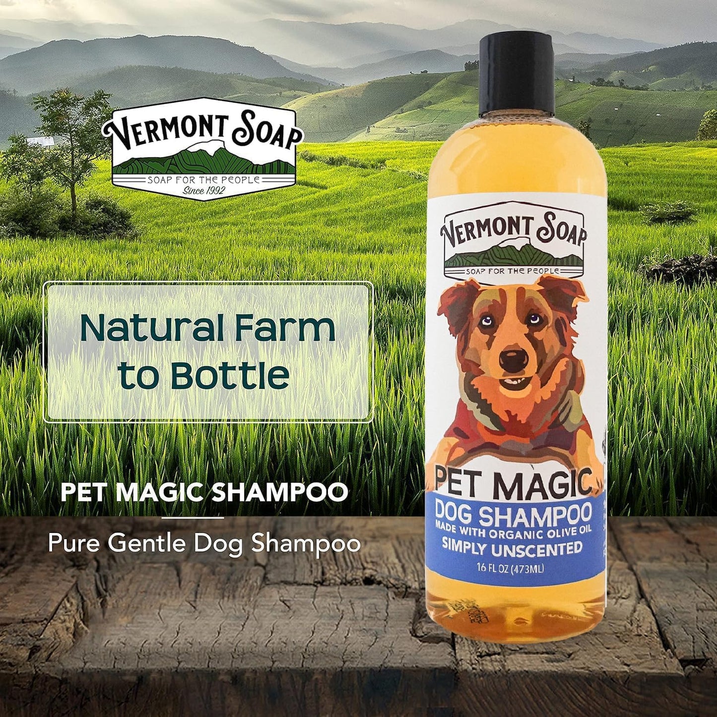 VERMONT SOAP Organics Pet Shampoo - Infused with Organic & Natural Olive Oil, Coconut & Aloe Vera Dog Shampoo for Sensitive Skin - USDA Certified Grooming Pet Shampoo - Unscented (16oz)