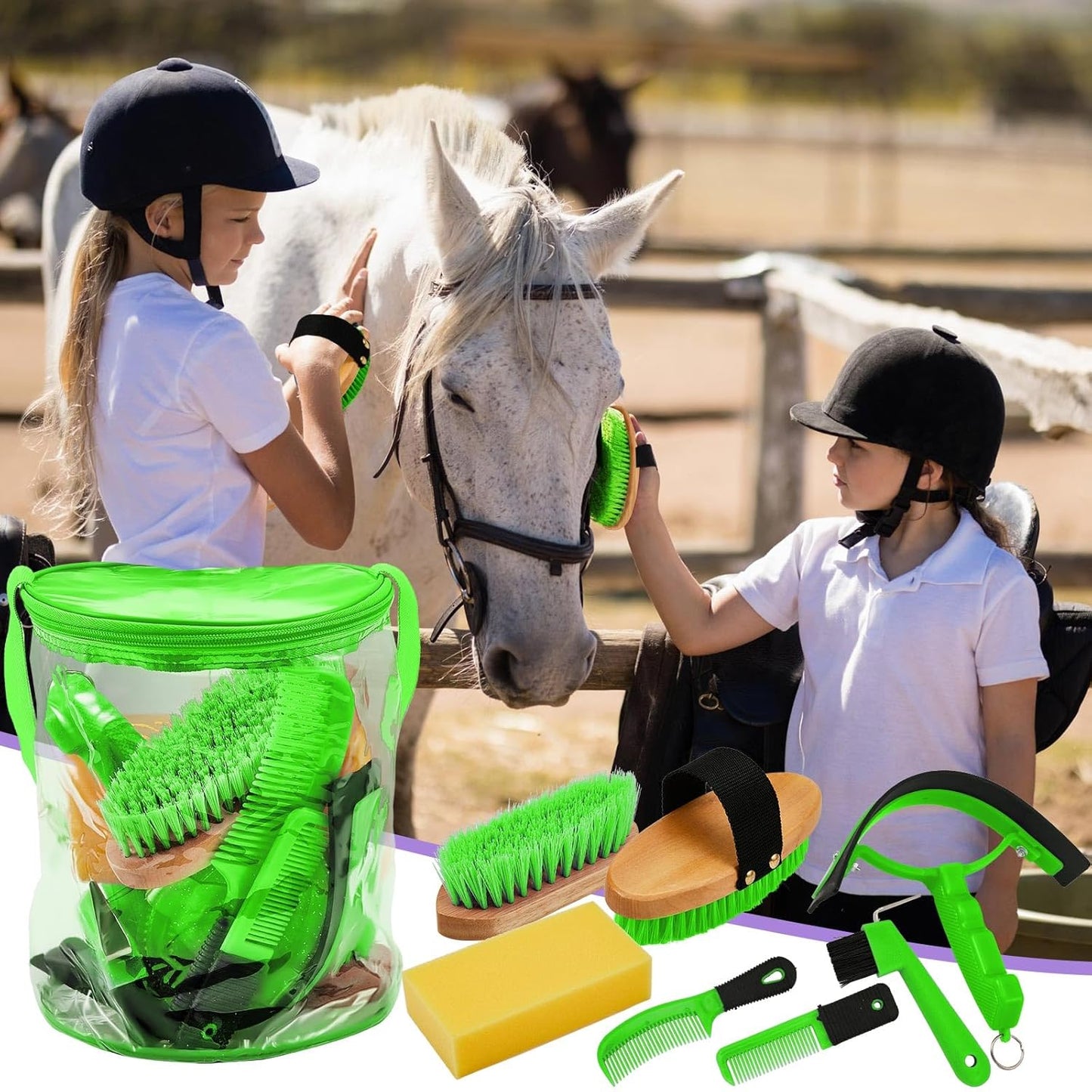 9 Pieces Horse Grooming Kit Tack Room Supplies Set with Organizer Tote Bag, Oval Massage Curry, Hard and Soft Brush, Hoof Pick, Sweat Scraper, Bathing Sponge, Combs for Horse Riders Beginners (Green)