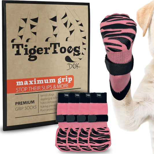 DOK TigerToes Premium Non-Slip Dog Socks for Hardwood Floors - Extra-Thick Grip That Works Even When Twisted - Prevents Licking, Slipping, and Great for Dog Paw Protection (Sassy Pink, Small)