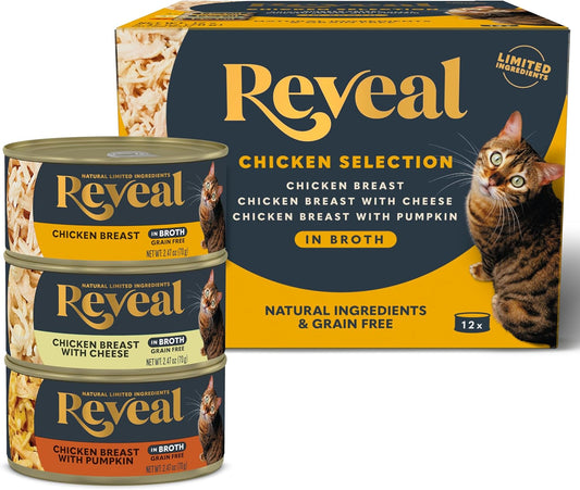 Reveal Natural Wet Cat Food, 12 Count, Grain Free, Limited Ingredient Canned Food for Cats, Chicken Variety in Broth, 2.47 oz Cans