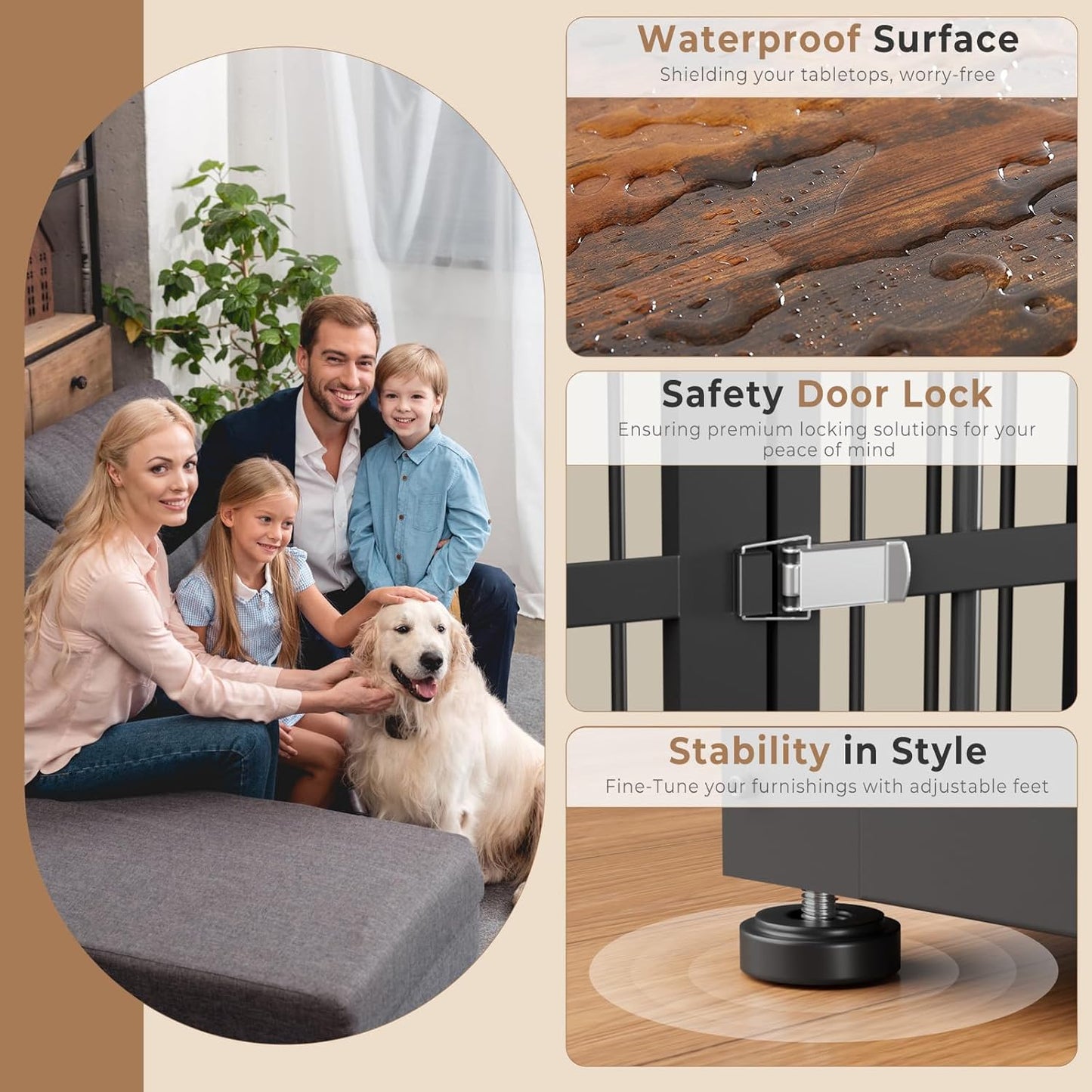 43'' Dog Crate Furniture with 3 Doors, XL Wooden Crate End Table Heavy Duty Indoor Puppy Cage for Medium to Large Dogs, Multiple Units Can be Combined