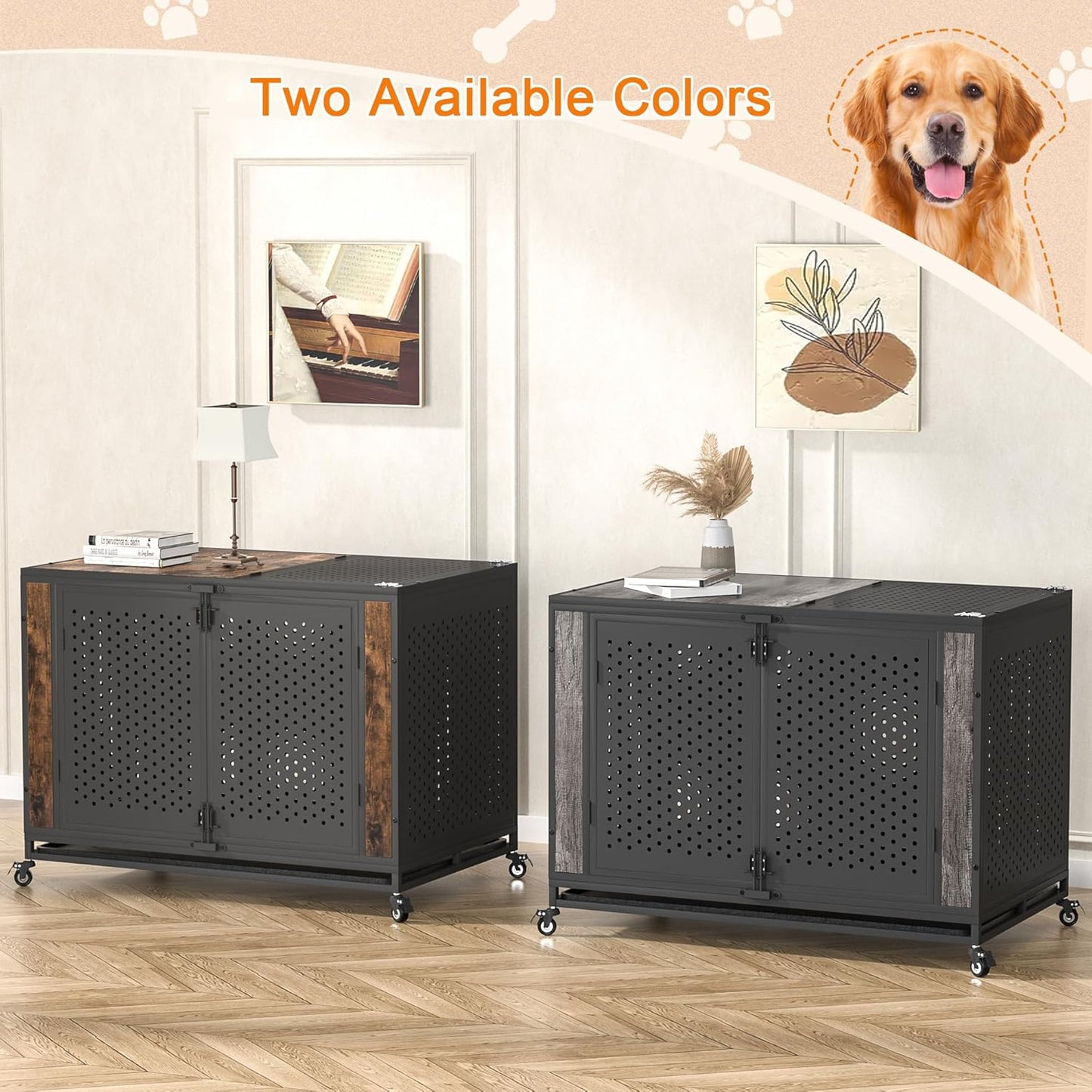 48" Heavy Duty Dog Crate Furniture for Extra Large Dogs, Enclosed Design with 0.5 inch Holes, Indestructible Metal Kennel for High Anxiety Dogs, Chew Proof Pet House Cage Indoor, Gray