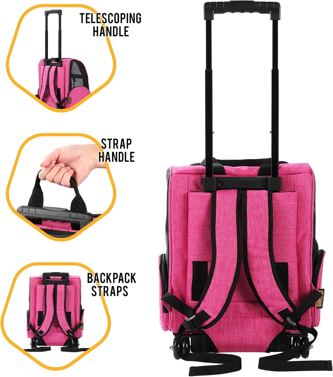KOPEKS Deluxe Backpack Pet Travel Carrier with Double Wheels for Pets up to 18 Pounds - Pink