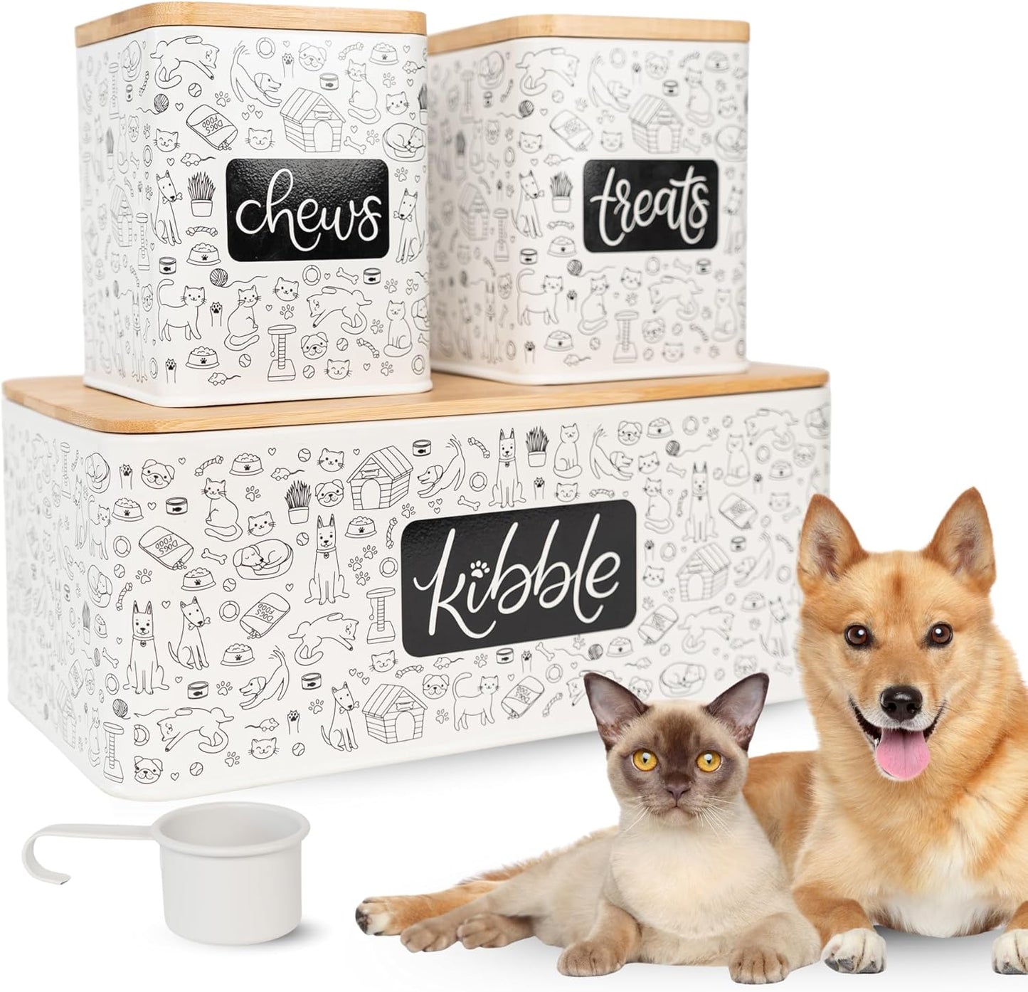 A&N Essentials 3-Piece Pet Food Storage Container Set – Airtight Galvanized Steel with Bamboo Lids – Holds Up to 6 lbs Kibble & 6 Cups Treats for Dogs & Cats