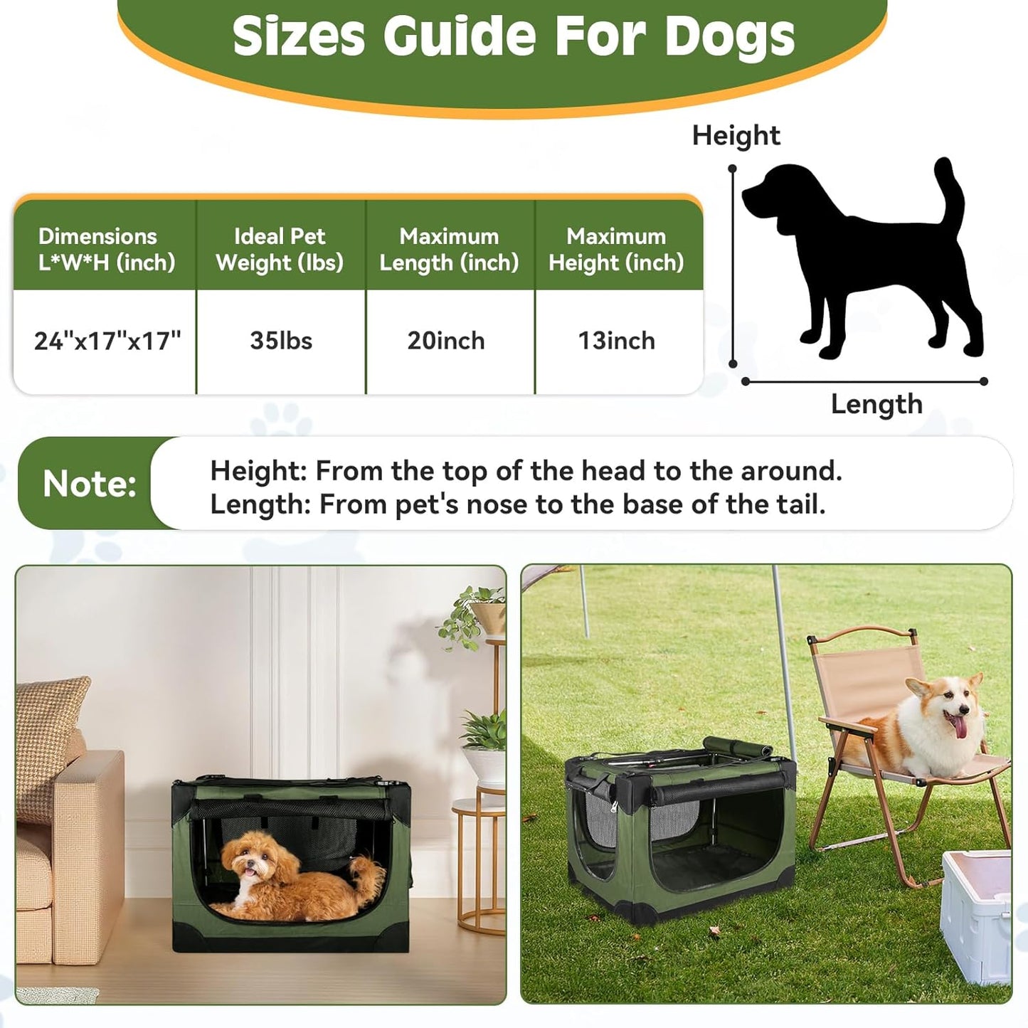 24" Small Dog Crate,Portable Crate for Small Dogs, Portable Travel Pet Crates,Soft Dog Crate Collapsible Dogs Crate,with 4 Mesh Doors, Foldable Car Kennel for Puppy with Handle for Outdoor - Green