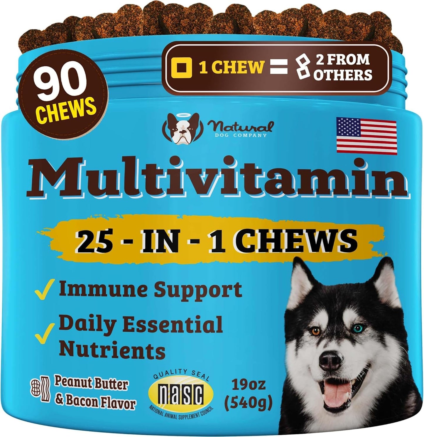 Natural Dog Company 25-in-1 Multivitamin Chews for Dogs – Daily Soft Dog Vitamins with Antioxidants, Zinc & Folic Acid – Supports Joints, Skin & Coat, Immune & Heart Health – All Ages, All Breeds