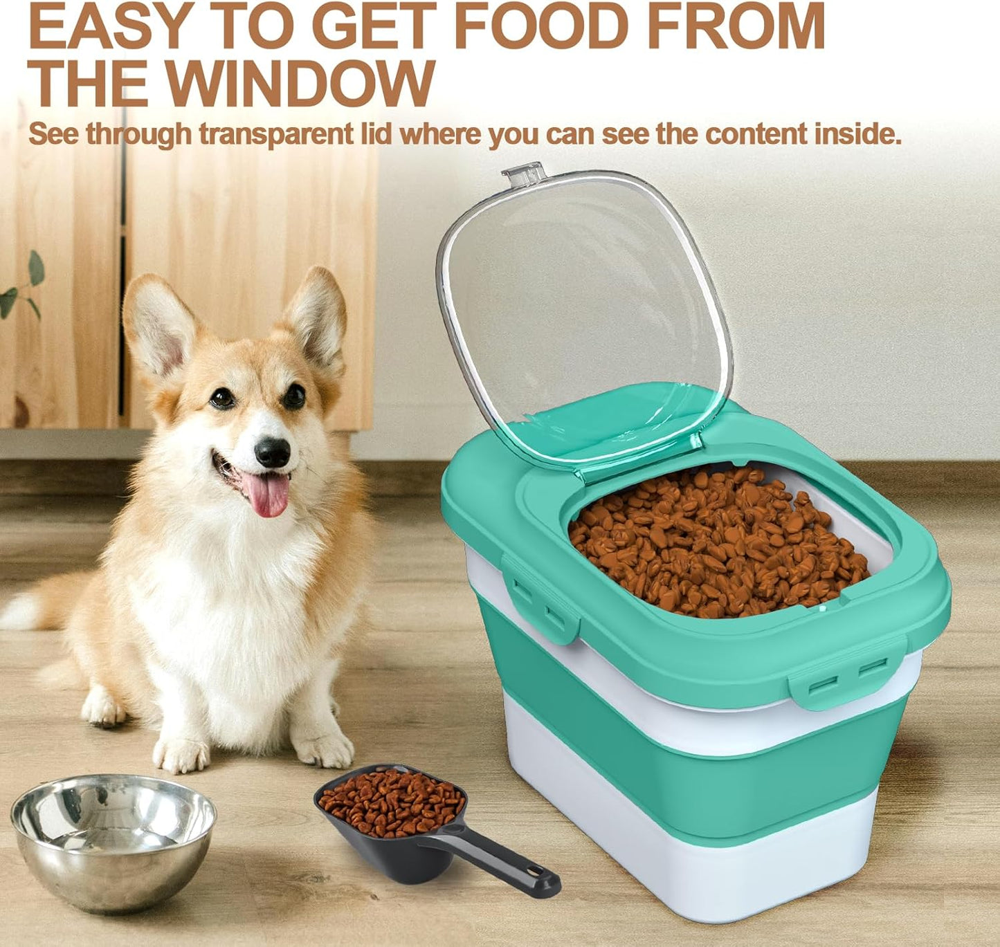 Dog Food Storage Container, 10lb to 13lb Collapsible Dog Cat Food Containers with Airtight Clear Flip-top and Pet Food Scoop, Pet Food Storage Container Bin for Dog Cat Bird Other Pets (Green)