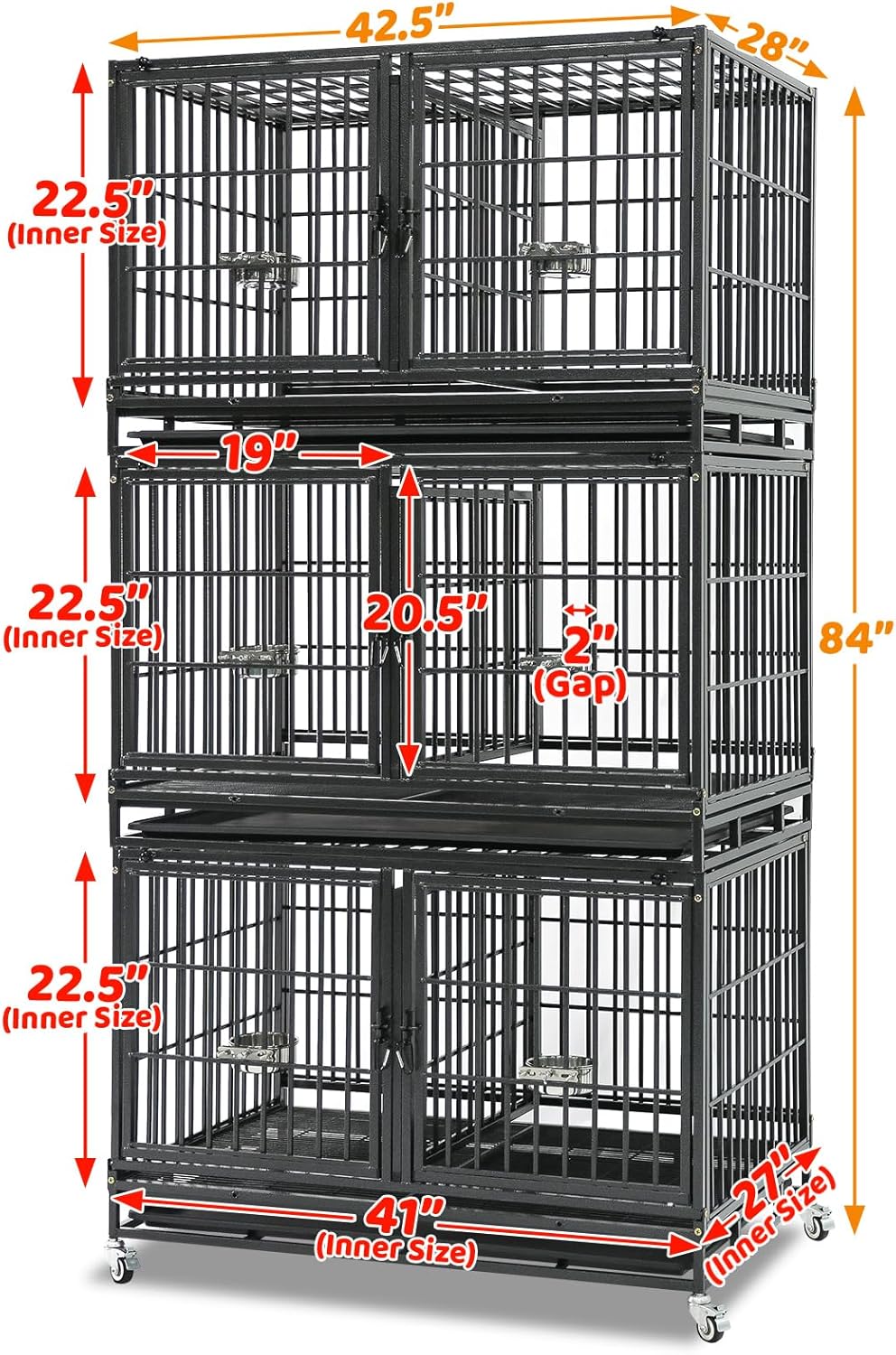 Homey Pet 4 Pack Three Tiers 43 inch Dog Crate with Wheels, Stackable Heavy Duty Indestructible Steel Dog Cage Kennel Indoor with Detachable Divider, Tray, Bowls, Escape Proof Locks
