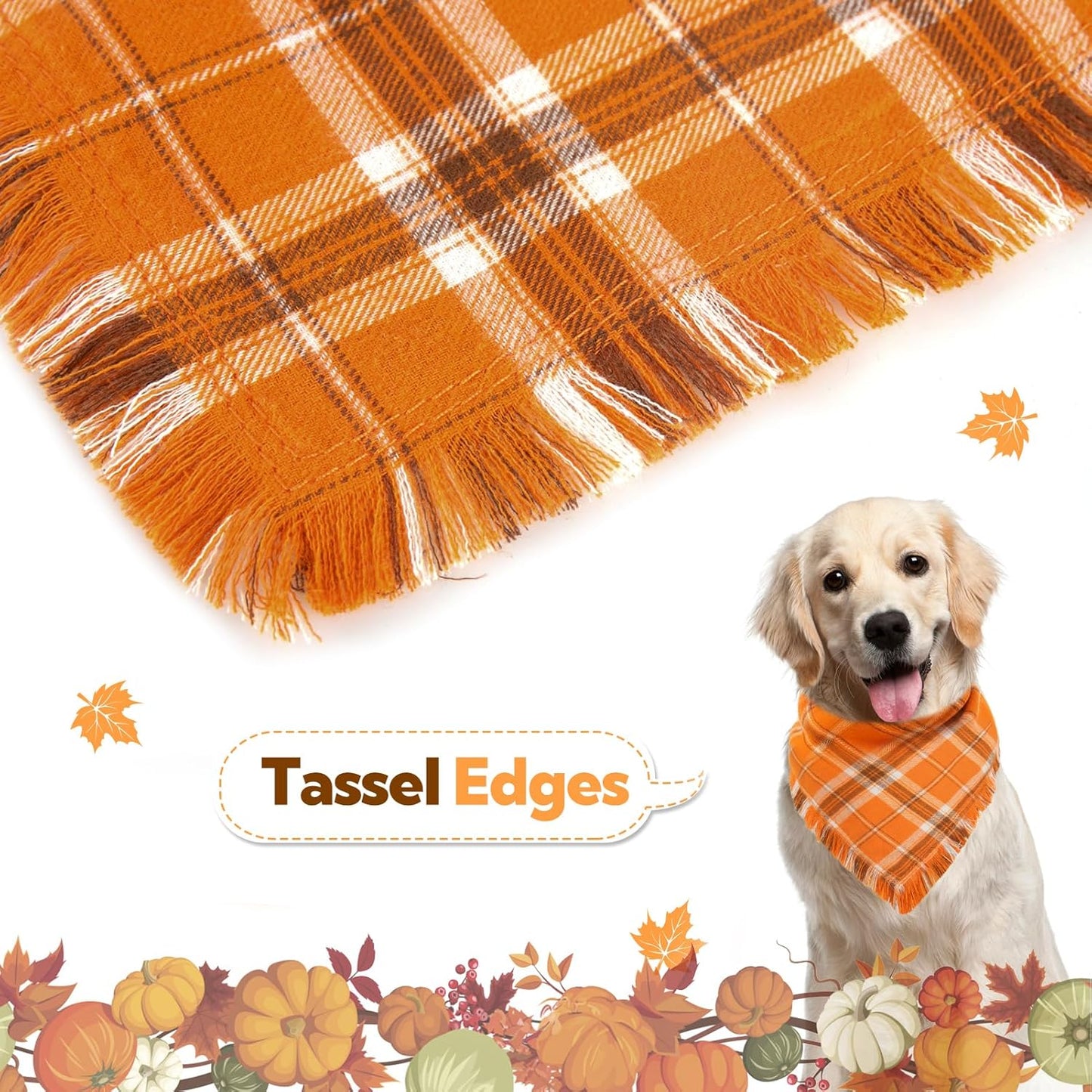 Kytely Fall Dog Bandana, 2Pack Halloween Dog Bandanas, Thanksgiving Classic Plaid Pet Scarf with Tassels Edges for Boy and Girl, Pet Apparel & Accessories Costume for Medium Large Dogs