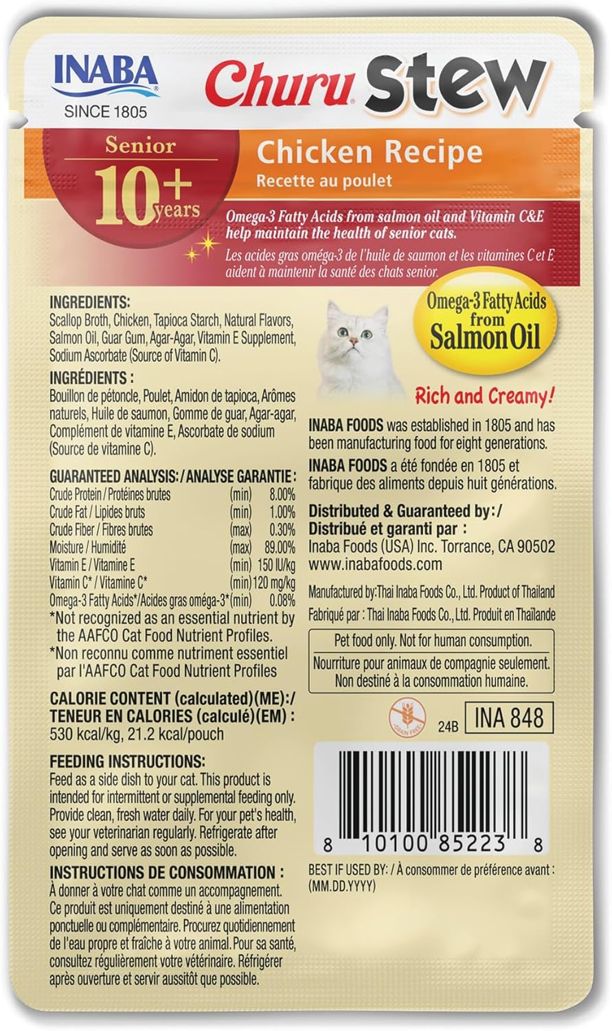 INABA Churu Stew for Cats Senior 10+, Side Dish Pouch, 1.4 Ounces per Pouch, 12 Pouches Total, Chicken Recipe