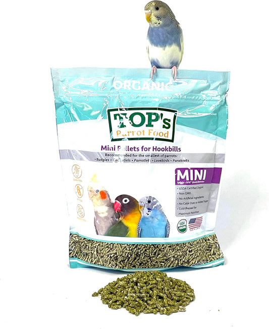 TOP's Parrot Food Mini Pellets Bird Food for Budgies, Cockatiels, Parrotlets, Lovebirds, Parakeets - Non-GMO, Peanut Soy & Corn Free, USDA Organic Certified - 1 lb