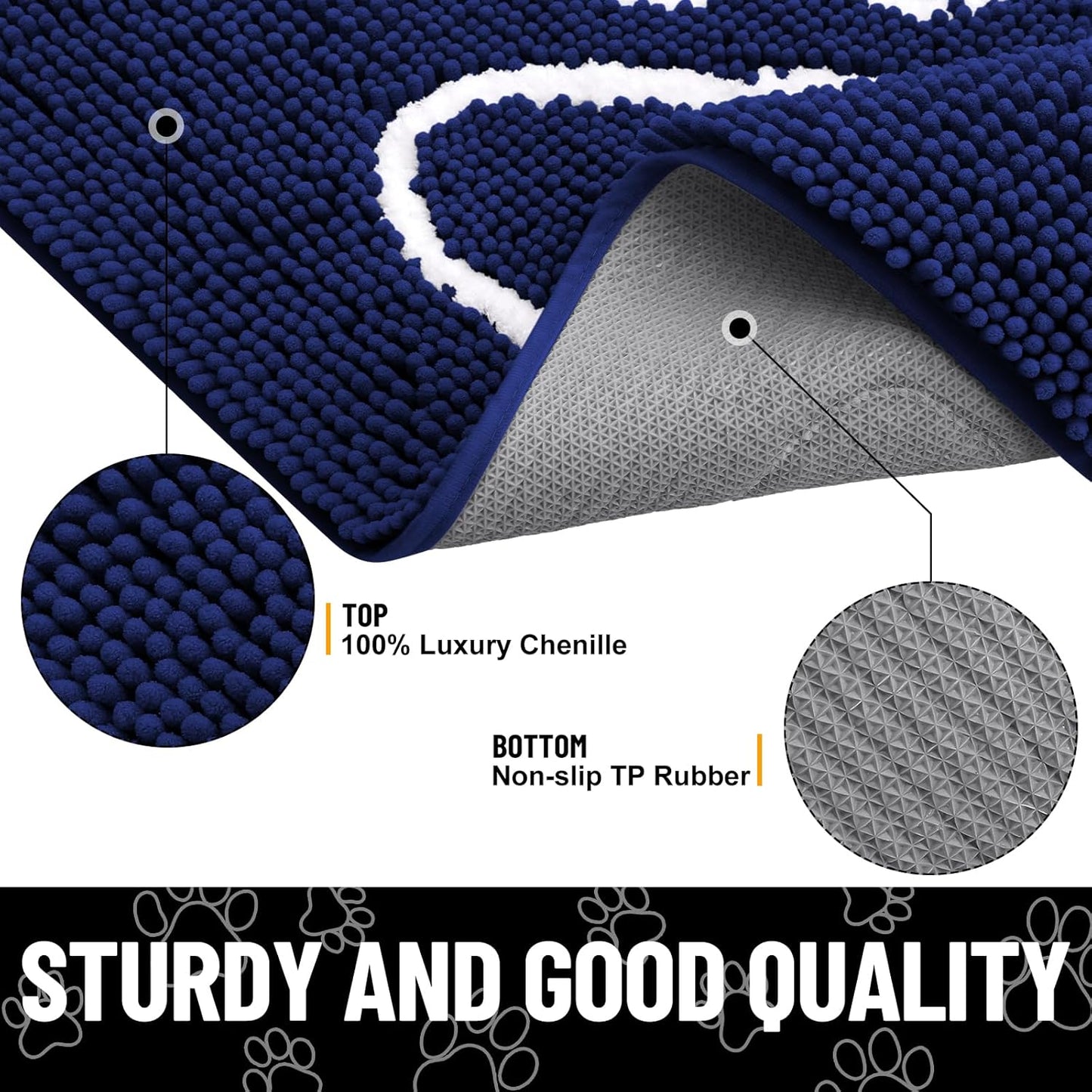 Smiry Dog Door Mat for Muddy Paws, Absorbent Dirt Trapper Non Slip Quick Dry Washable Chenille Mat for Mud Dogs, Entry Rug for Indoor and Outdoor (47x24 Inches, Navy Blue)