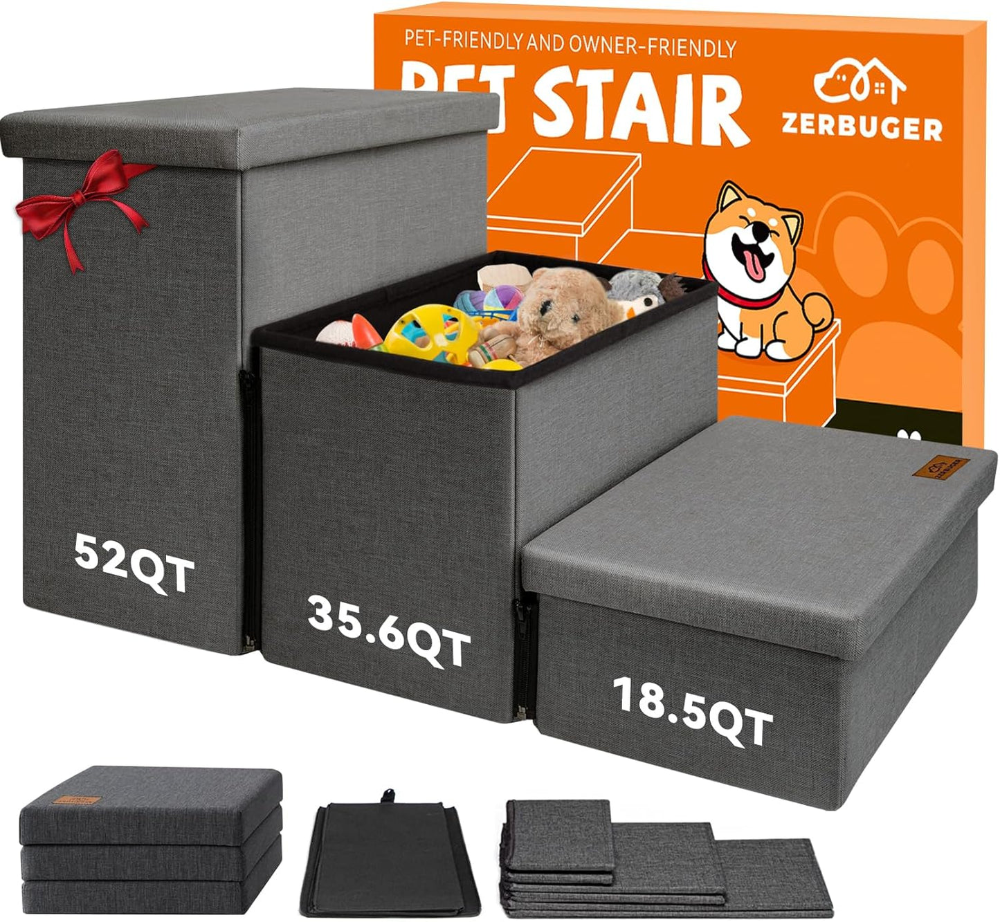 Dog Stairs with Storage 18" H, 3-Step Wider Dog Steps for Small/Medium/Large Old Dogs Cats, Folding Sturdy Pet Stairs Climbing Bed Couch, Ramp for Car Hold Up to 200 lbs (Dark Grey, No Condo)