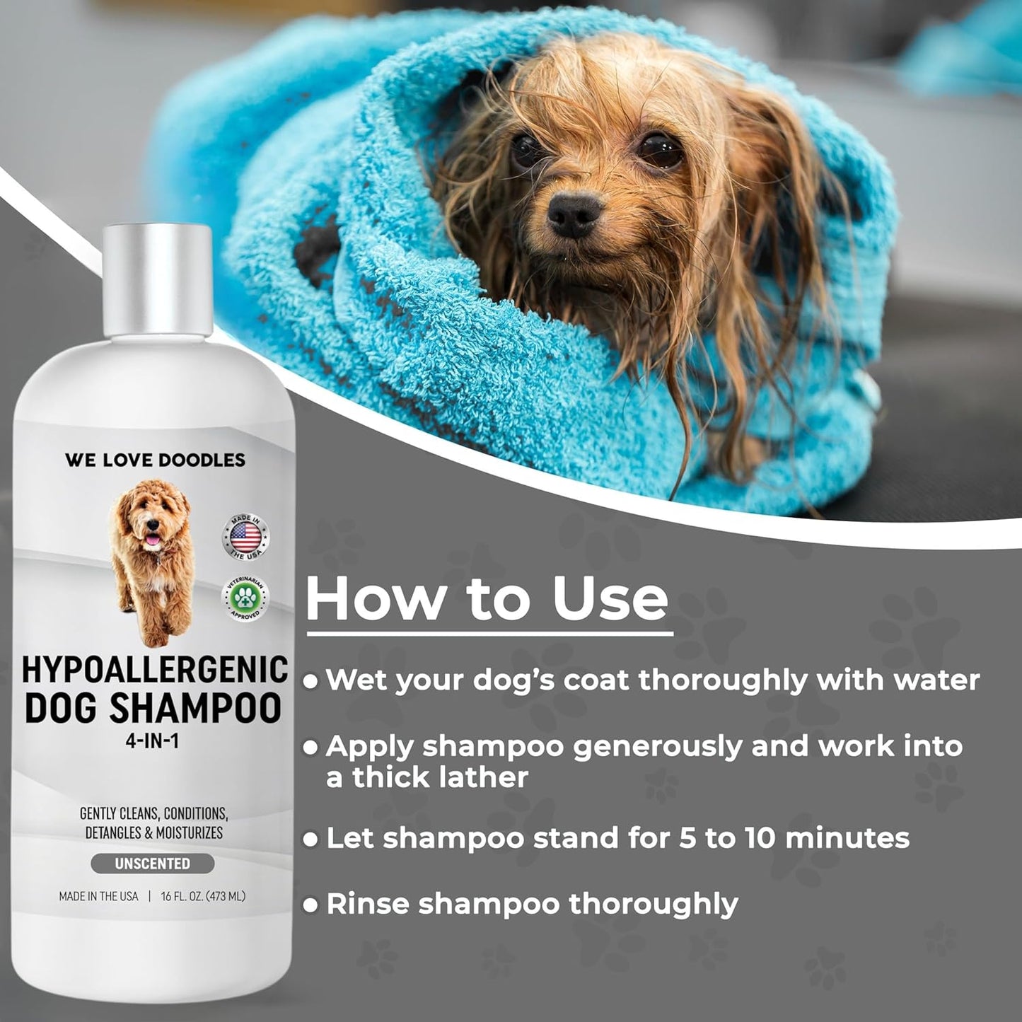 Hypoallergenic Dog Shampoo, Conditioner, and Detangler | Made in USA | Eco-Friendly Ingredients | Shampoo for Dogs with Sensitive Skin & Allergies | 16 OZ [We Love Doodles]