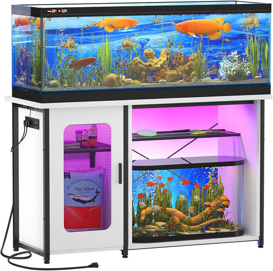 55-75 Gallon Fish Tank Stand with Power Outlets & LED Light, Reversible Heavy Duty Metal Aquarium Stand with Cabinet for Fish Tank Accessories Storage, Turtle/Reptile Terrariums, White