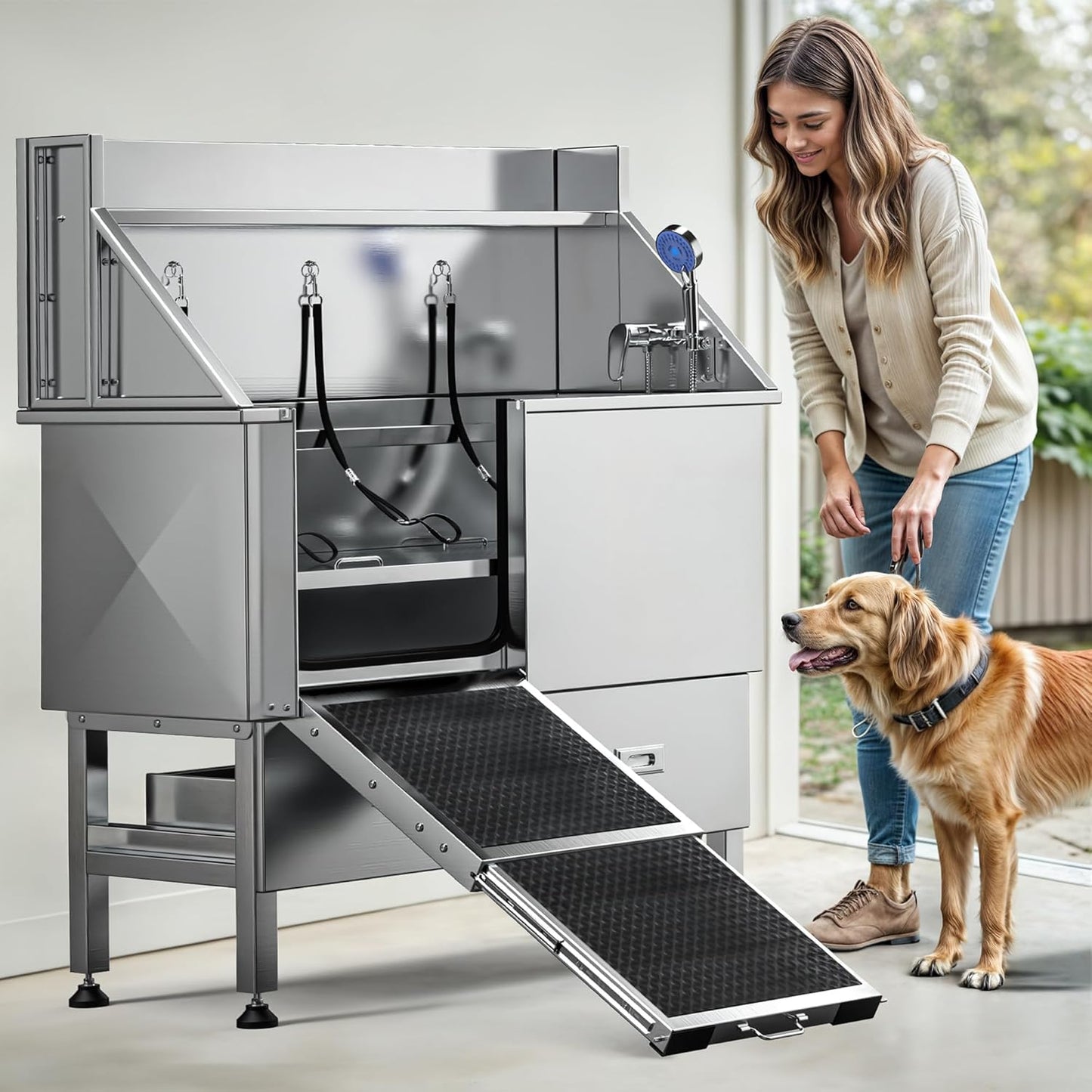 DWVO Professional Dog Bathing Station Stainless Steel 304 Pet Bathtub, 50in Dog Grooming Tub w/Right Door Ramp, 2 Storage Drawers, Grate, Pet Washing Station for Large, Medium, Small Pets
