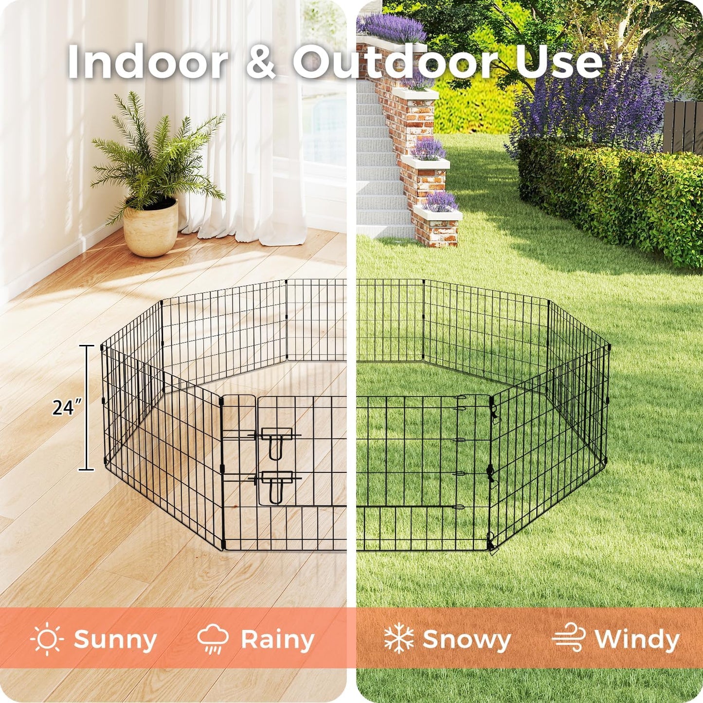 Foldable Dog Playpen 24" Height 8 Panels Metal Exercise Pen with Door - Indoor/Outdoor Puppy Playpen for Small Dogs, Portable Pet Fence for Yard Garden Camping, Black