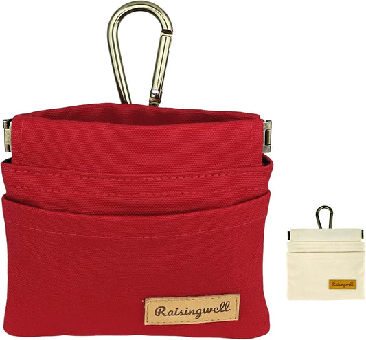 Dog Treat Pouch, Red Pocket Sized Pet Training Pouch, Cotton Fabric, Hand Free Dog Walking Bag with Carabiner, Self-Closing Pet Feed Snack Reward, for Puppy Travel or Outdoor Use