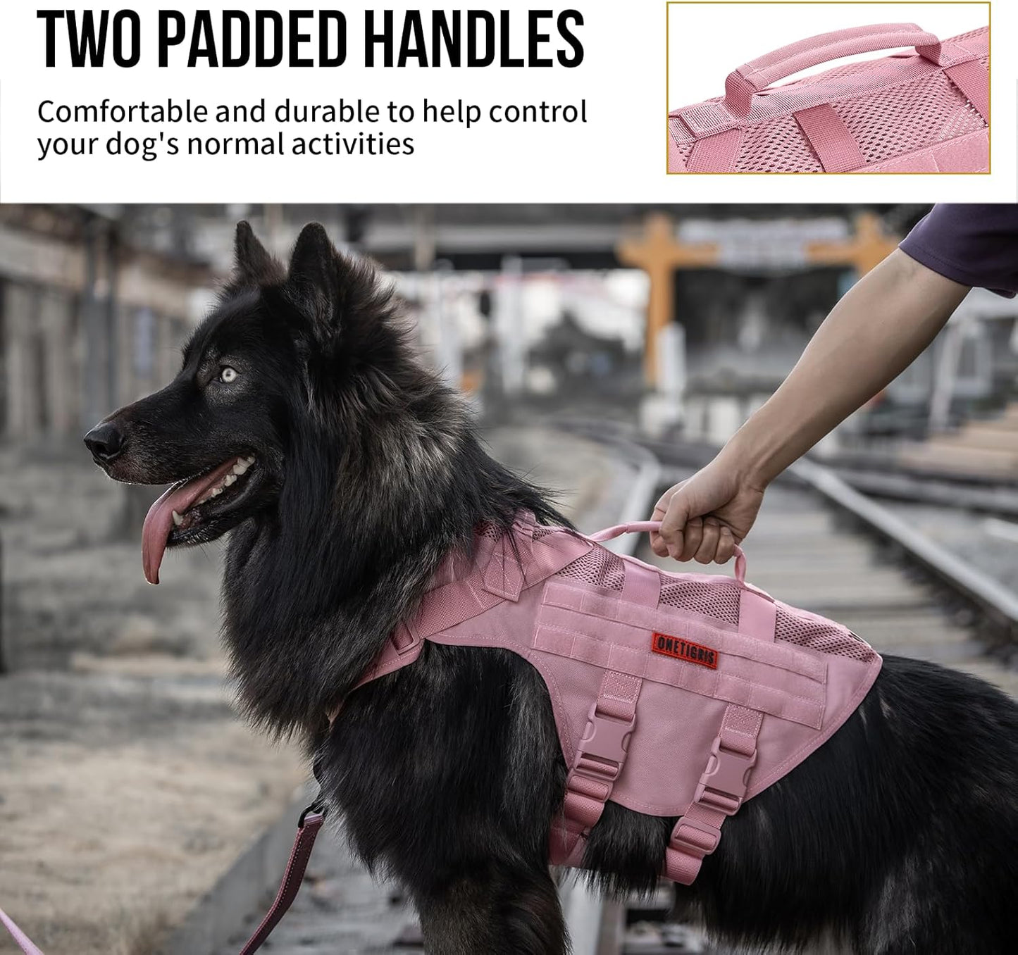 OneTigris Tactical Dog Harness for Small Dogs, No Pull Small Dog Vest Harness with Handles Breathable Military Dogs Molle Vests, Walking Hiking Training (Pink, X-Large)