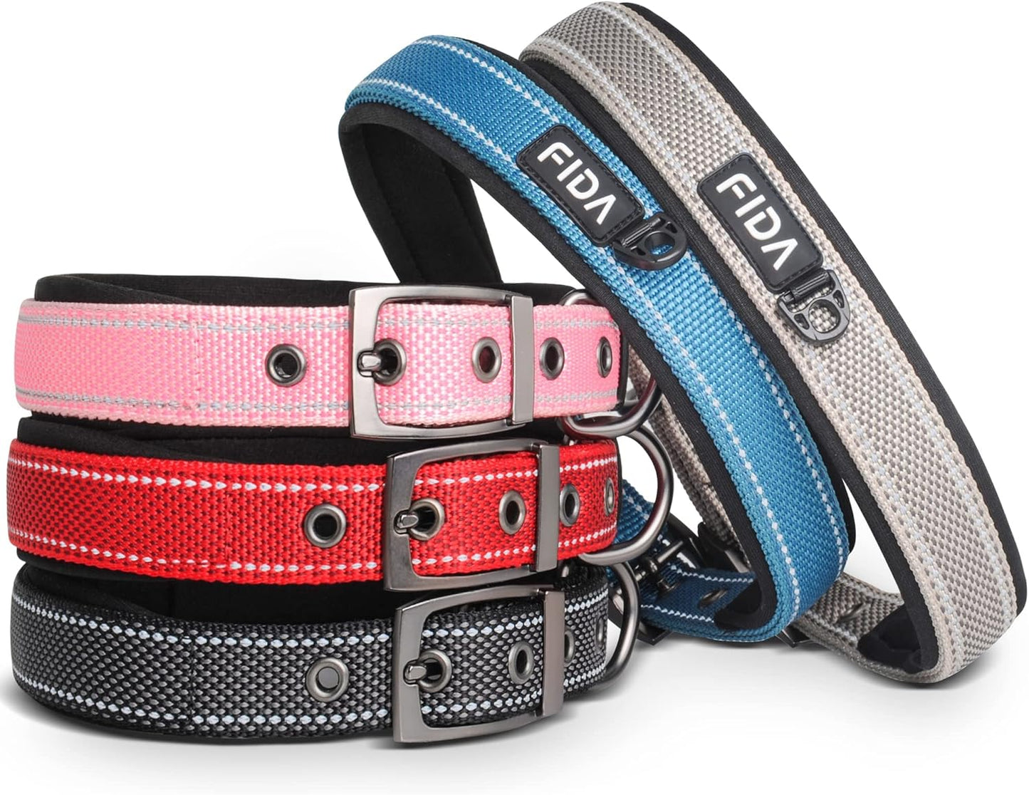 Fida Heavy Duty Dog Collar, Ultra Comfortable Soft Neoprene Padded, Adjustable Reflective Nylon Pet Collar with Durable Metal Belt Buckle for Large Breeds (L, Black)
