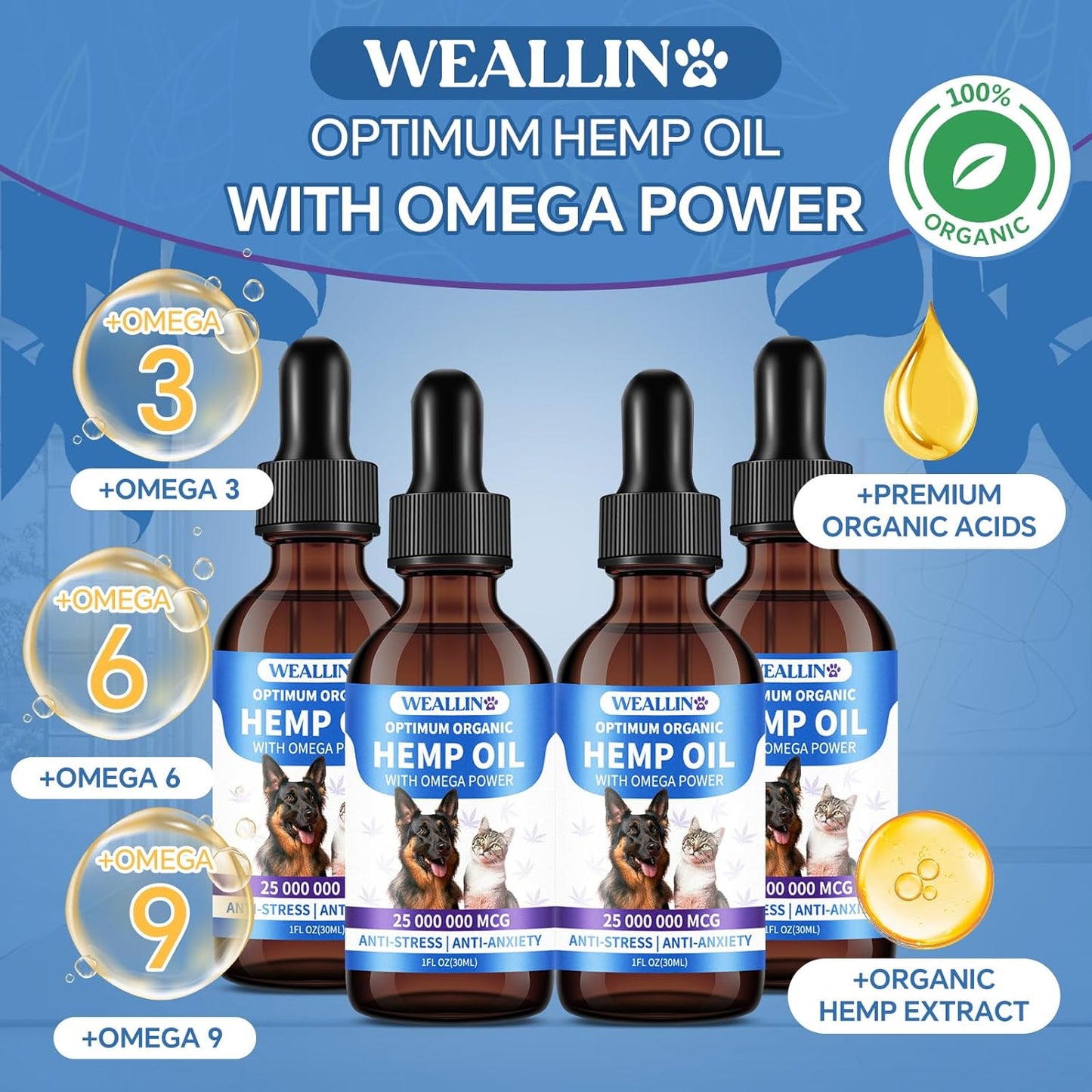 Hemp Oil for Dogs and Cats - Omega-3, 6, 9 Rich Organic Extract - Eases Pet Anxiety, Pain, Skin & Coat Health - Stress Relief, Hip & Joint Support - Calming Treats (4 Pack)