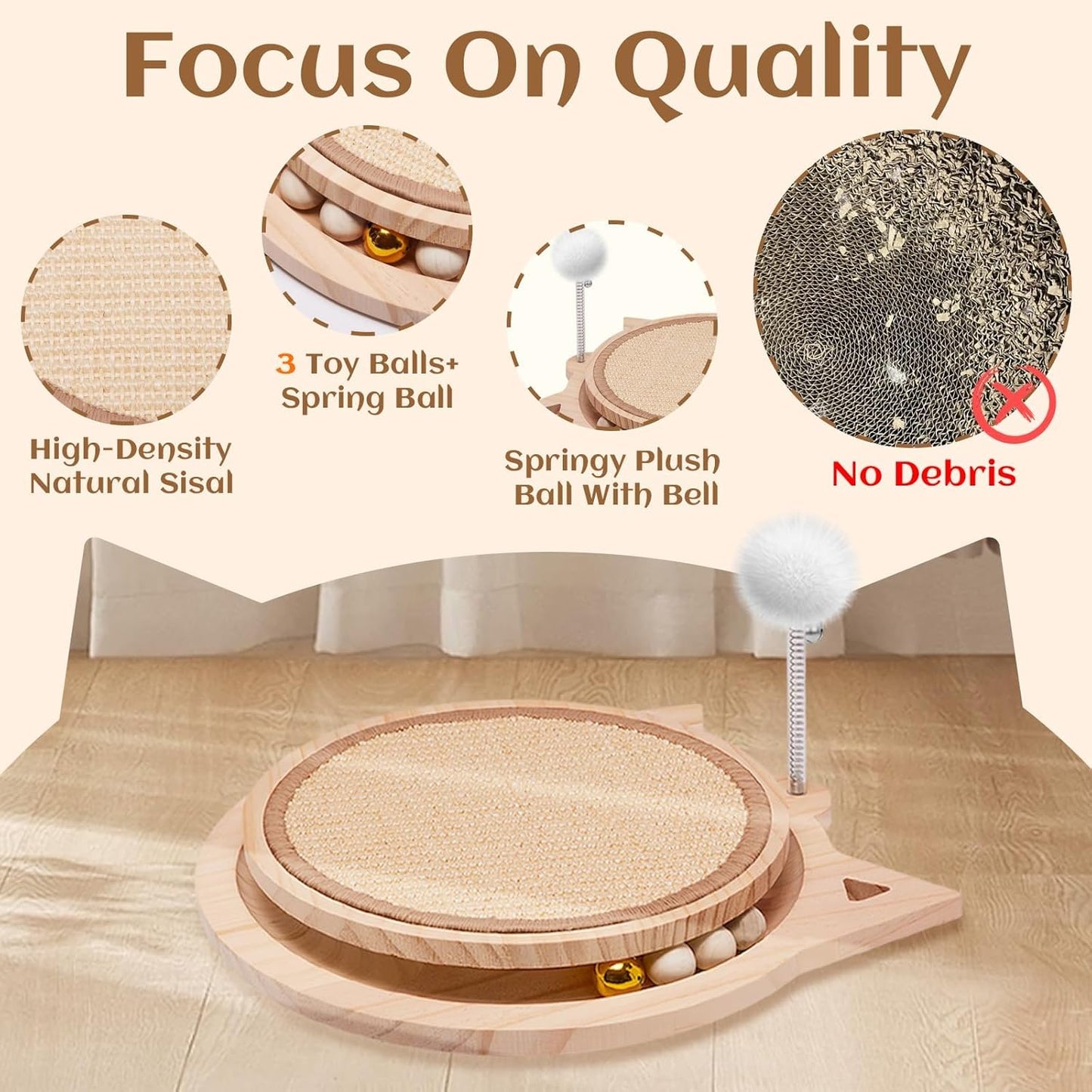 Natural Sisal Cat Scratcher, Round Cat Toys for Indoor Cats Interactive Toys with Ball Track Spring Ball, Kitten Toys for Chasing Hunting Mental Physical Exercise Puzzle