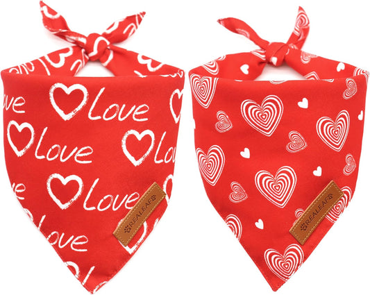 Realeaf Valentines Day Dog Bandanas 2 Pack, Reversible Love Pet Scarf for Boy and Girl, Premium Durable Fabric, Heart Bandana for Medium Large Dogs (Large)