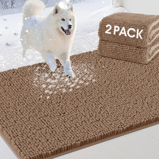2 Pieces Muddy Door Mats for Dogs, Chenille Absorbent Pet Mats, Quick Dry, Trap Dirt Non Slip Heavy Indoor Doormat Soft Dog Bed Mat Front Inside Door Mat for Indoor Outdoor Entrance,Camel