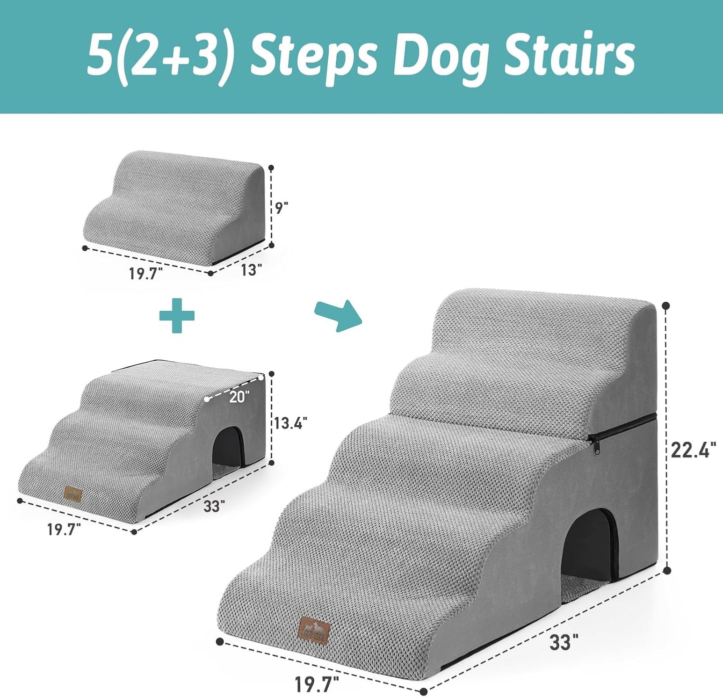 Extra Wide Dog Stairs with Tunnel, Detachable Large Pet Step for Small Medium Dog, Puppy or Cat, Ramp for High Bed, Couch, Sofa or Car, Stable, 19.7x33x22.4 inch, 5 Step, Grey