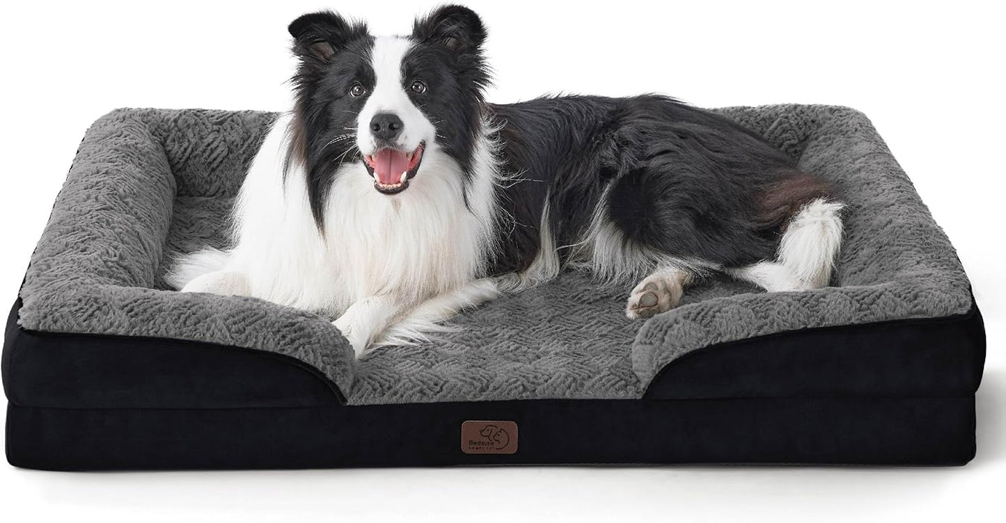 Bedsure Orthopedic Dog Beds Large Sized Dog - Washable Large Dog Cat Bed Waterproof, Comfort Dogs Couch Sofa with Washable Removable Cover, Pet Bed with Nonskid Bottom, Plush-Black, 35"