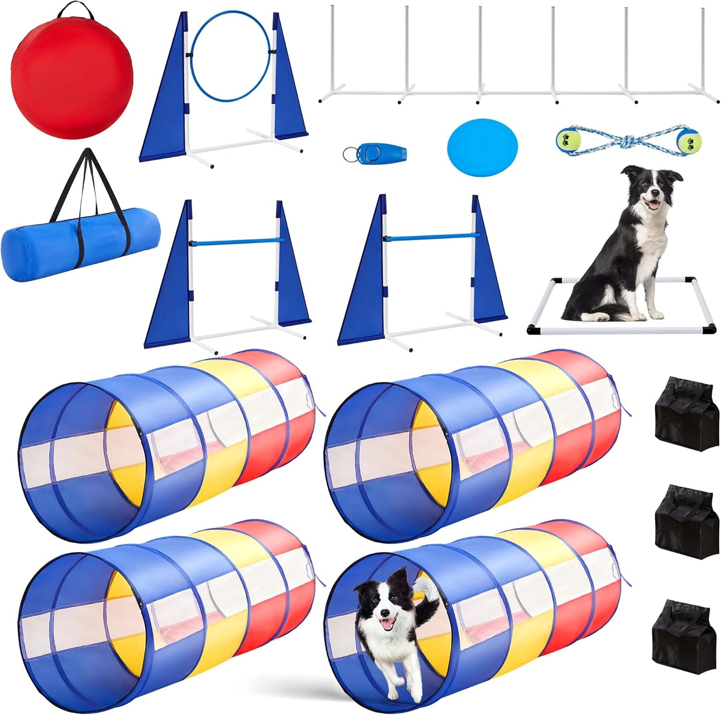Dog Agility Training Equipment,Course Backyard Set Training Equipment for Dogs Pet Outdoor Game with Yellow, Blue and Red Tunnel, Agility Hurdle, Poles, Jump Ring, Pause Box, Toy Balls and Storage Bag