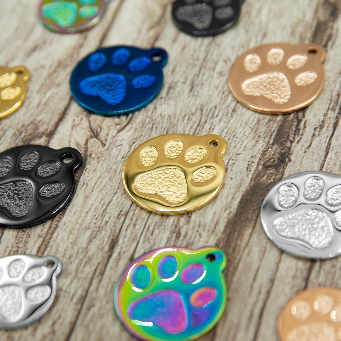 Engraved Pet Tag for Dogs and Cats - Personalized Front & Back up to 4 Lines of Text Custom Engraved ID, Round Paw Print Solid Plating Stainless Steel Gold Regular