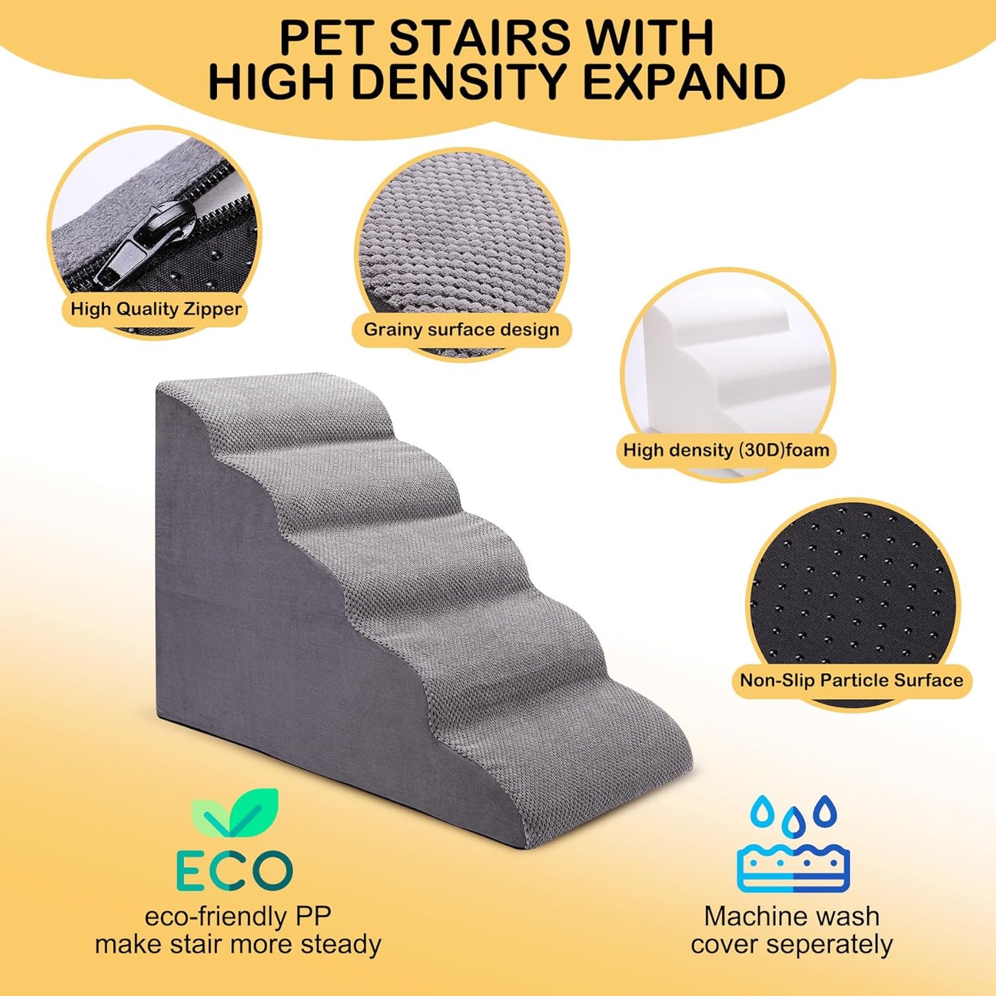 Dog Stairs for Bed and Couch, Non-Slip 5-Step Pet Stairs, 24" High Sofa Foam Dog Ramp - Best for Small Pets, Dogs and Cats with Joint Pain