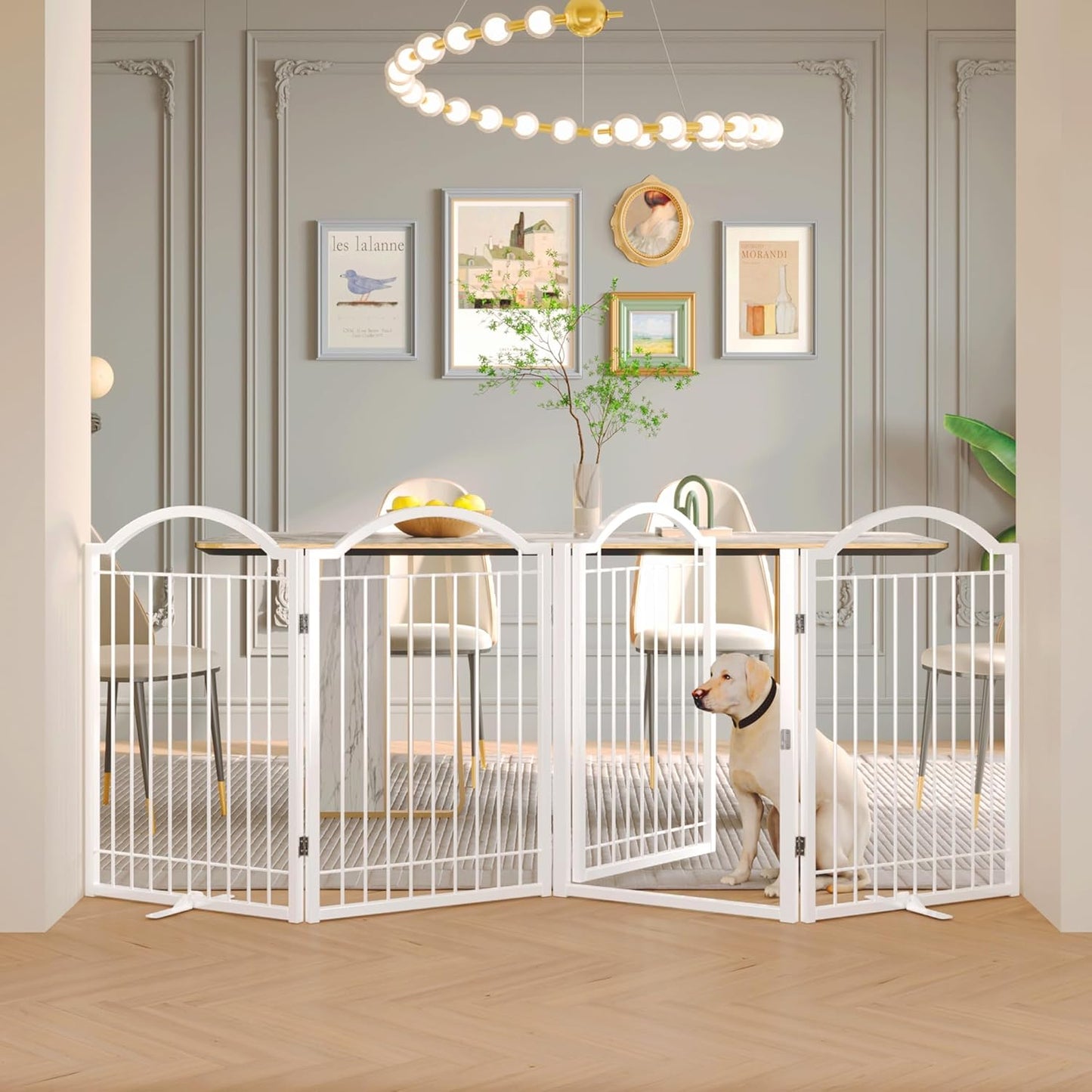 BHG Metal No-Assembly Freestanding Dog Gate with Door Walk Through, Extra Wide 96", Extra Tall 32" Pet Gate, Accordion Puppy Folding Playpen Dog Fence, with 2PCS Support (White, 4 Panels)
