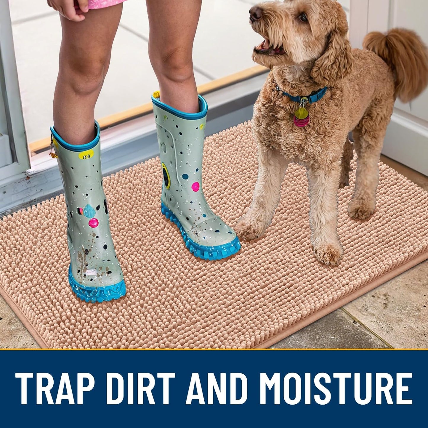 Smiry Dog Door Mat for Muddy Paws 24x16, Absorbs Moisture and Dirt Doormat, Non-Slip Washable Quick Dry Chenille Front Door Mat Indoor Entrance, Entryway Carpet for Inside Floor, Peach