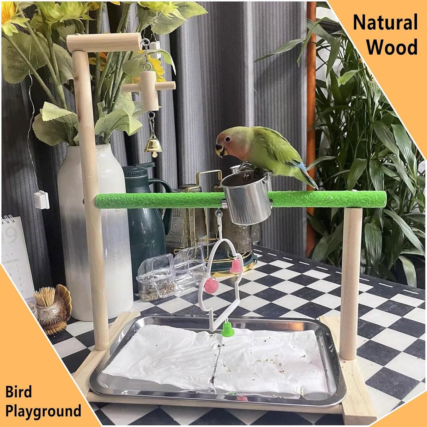 Bird Palyground, Parrot Playstand Natural Wood, Bird Perch Stand Gym with Feeder Cups and Removable Tray, Bird Cage Accessories for Parakeets Cockatiels Lovebirds