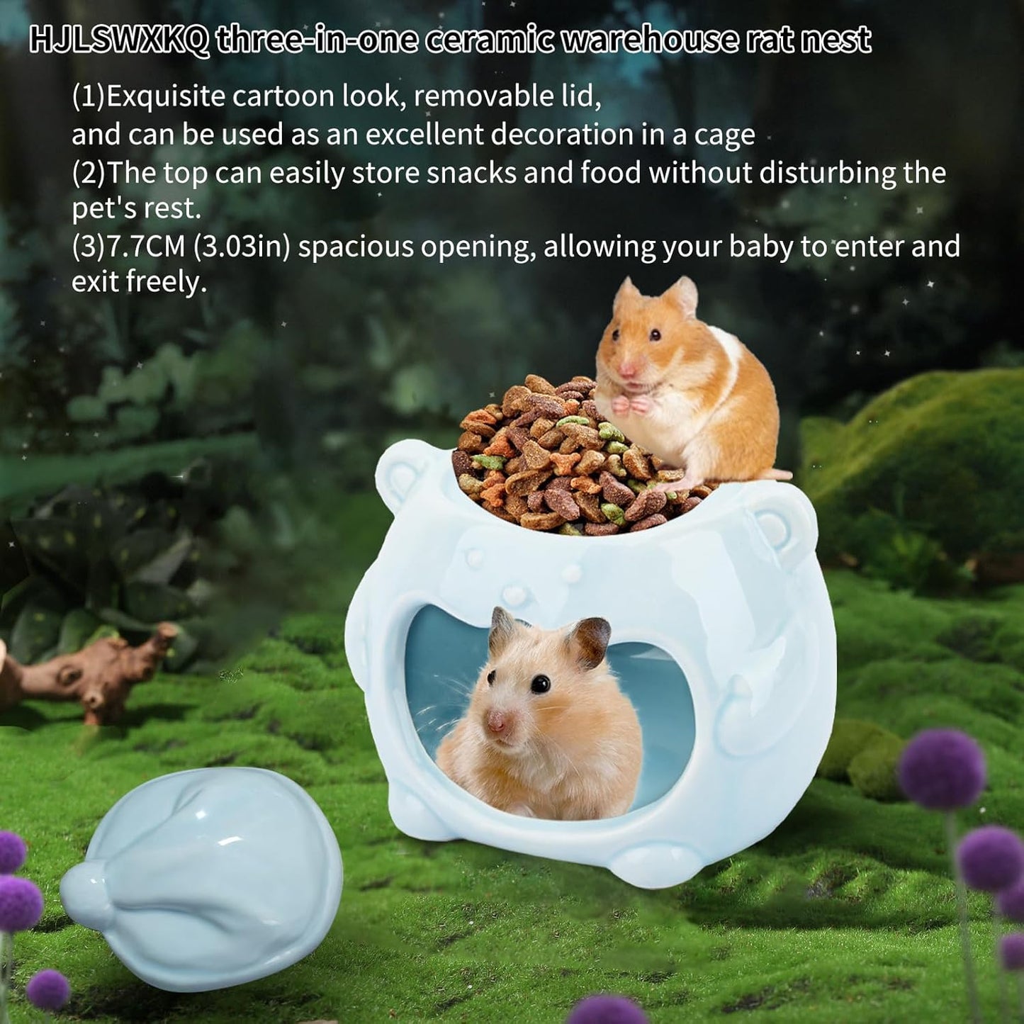 3-in-1 Bear Shaped Ceramic Hamster House - Cool House for Syrian Dwarf Hamsters, Mice, Gerbils， Small Pets, Top for Hamster Food, Removable Lid for Ice Packs, Cute Cool Hideout for Summer（Blue）