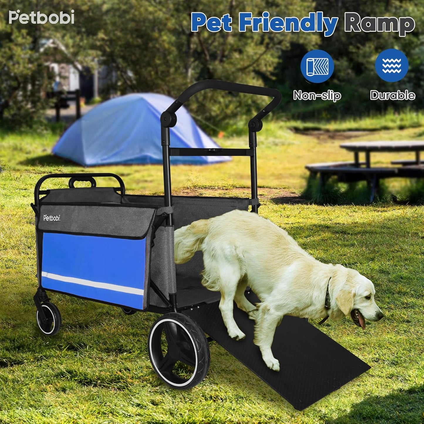 Petbobi Dog Wagon Stroller for Large & Medium Dogs - 2-in-1 Push-Pull Pet Stroller with Ramp, Foldable All Terrain Wagon Cart, One-Step Brake, Suitable for Outdoor Walks & Camping, Blue