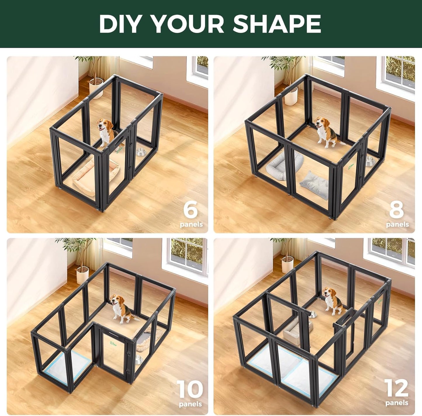 FXW AuraSpace Acrylic Indoor Unleashed Dog Playpen for Medium Dogs, 35 Inch, 6 Panels, Black